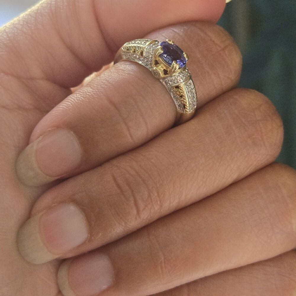 14k Yellow White Gold .65ct Tanzanite Diamond Engagement Ring 5.5 Princess Class